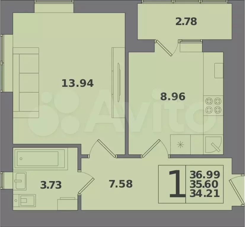 1-к. квартира, 37 м, 7/10 эт. - Фото 1