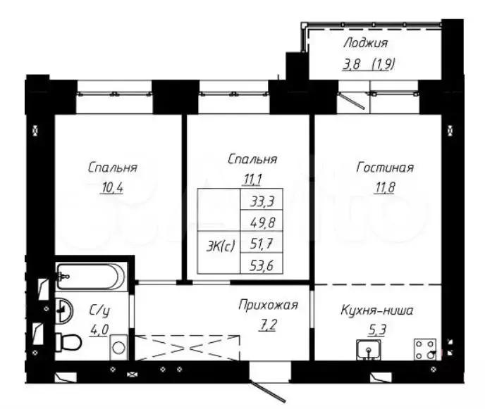 3-к. квартира, 51,7м, 2/16эт. - Фото 1