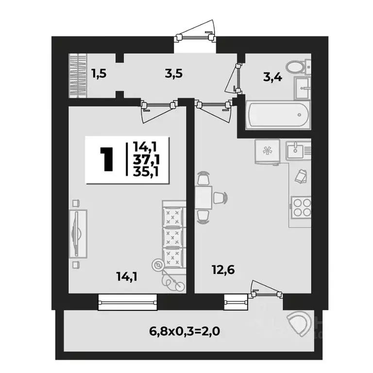 1-к кв. Адыгея, Тахтамукайский район, Яблоновский пгт ул. Тургеневское ... - Фото 1
