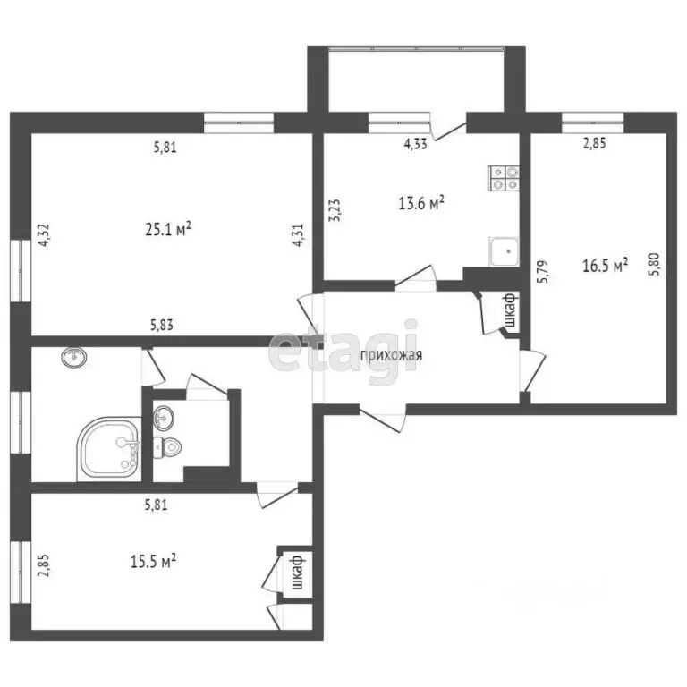 3-к кв. Челябинская область, Челябинск ул. Салавата Юлаева, 15 (97.7 ... - Фото 1