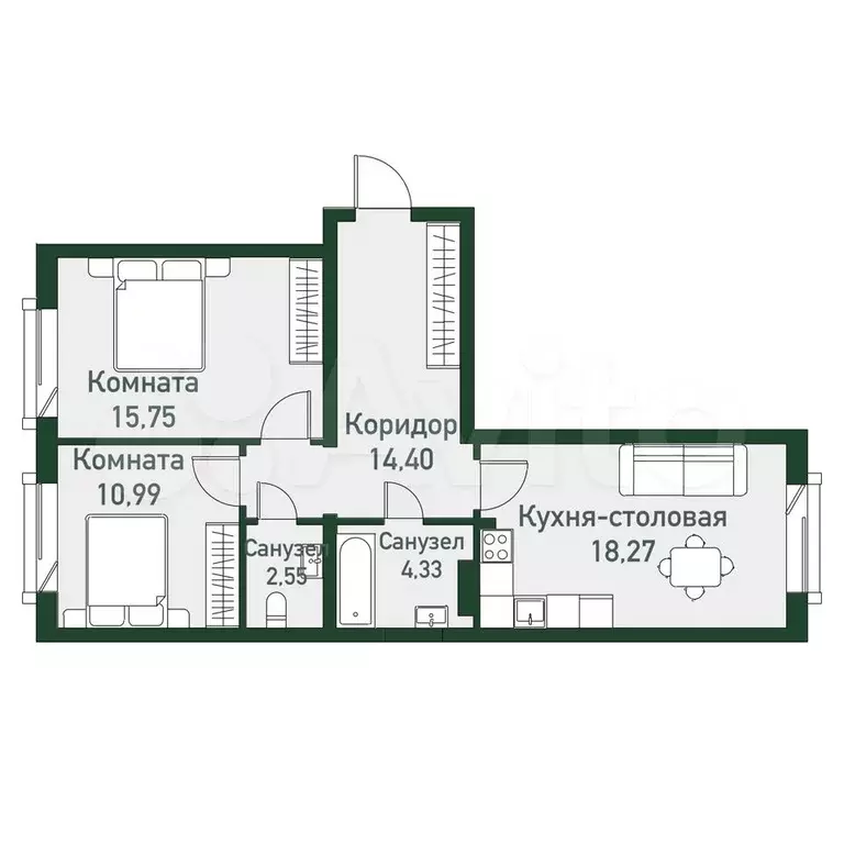 2-к. квартира, 67,2 м, 4/7 эт. - Фото 0