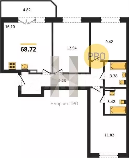 3-к. квартира, 68,7 м, 5/9 эт. - Фото 1