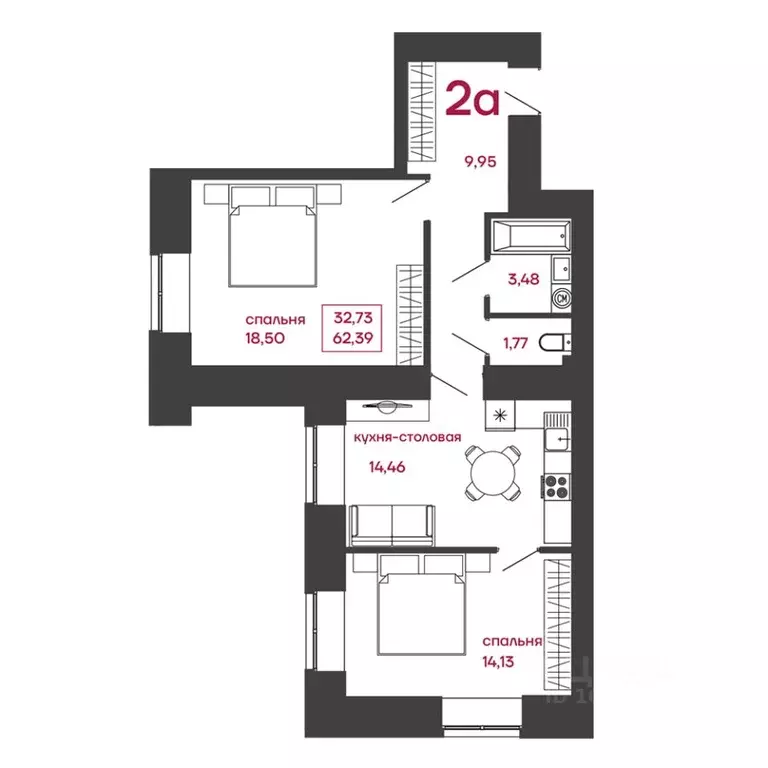 2-к кв. Пензенская область, Пенза ул. Измайлова, 41В (62.39 м) - Фото 1