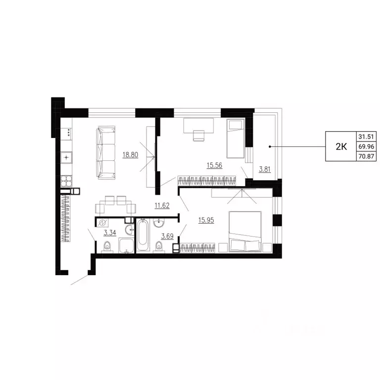 2-к кв. Орловская область, Орел Ломоносов жилой комплекс (70.87 м) - Фото 1