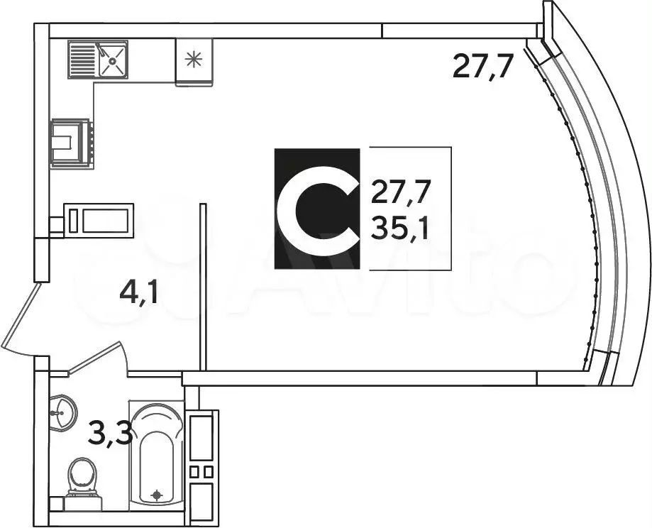 Квартира-студия, 35,1м, 13/16эт. - Фото 1