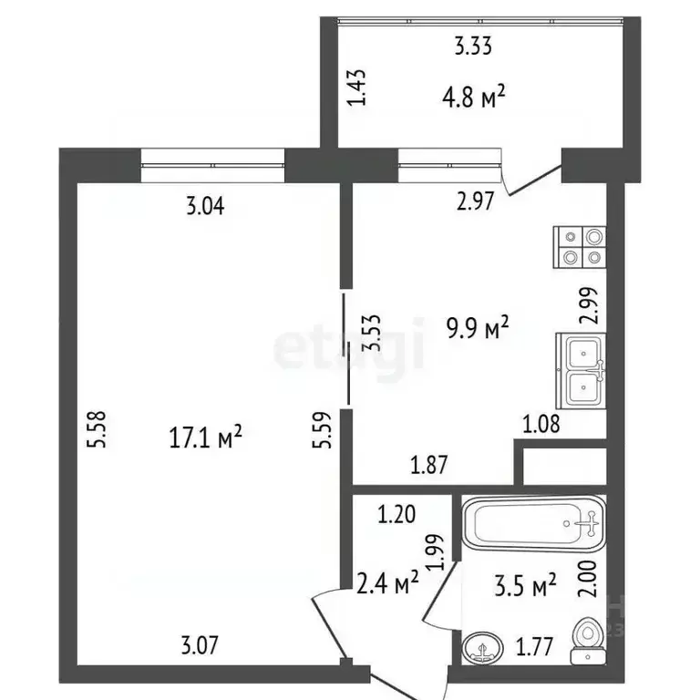 1-к кв. Башкортостан, Стерлитамак ул. Ботаническая, 2 (41.3 м) - Фото 2