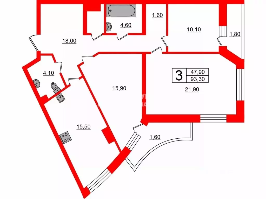 3-к кв. Санкт-Петербург просп. Энгельса, 97 (93.3 м) - Фото 1