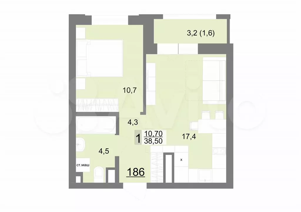 1-к. квартира, 38,5 м, 21/26 эт. - Фото 1