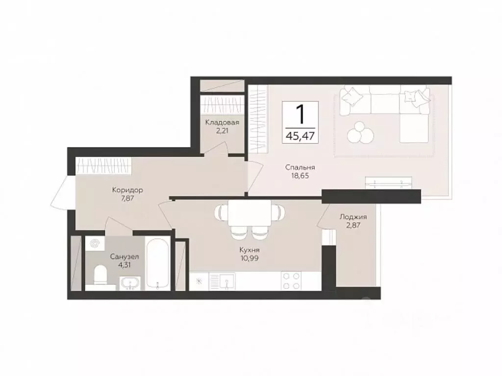 1-к кв. Самарская область, Самара  (45.47 м) - Фото 1