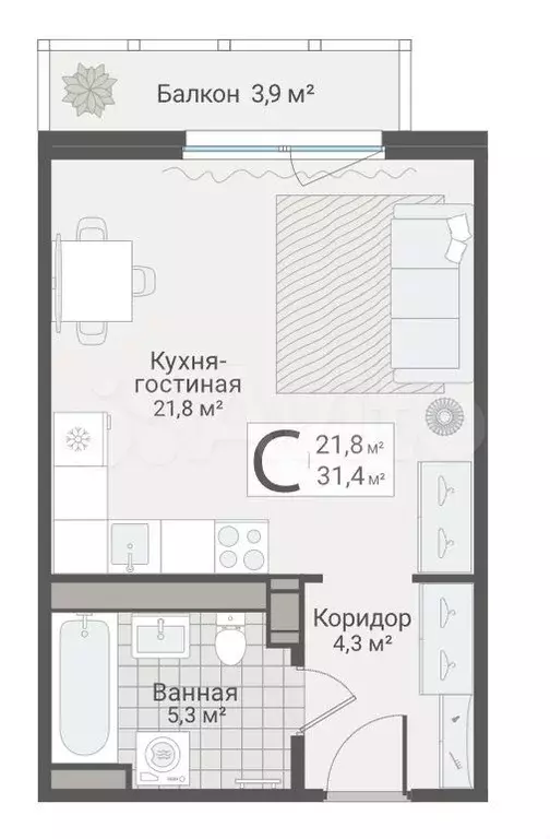Квартира-студия, 31,4 м, 10/13 эт. - Фото 0