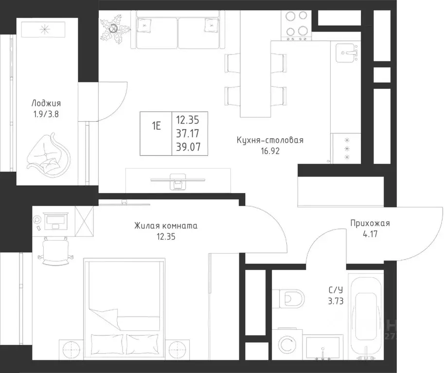 1-к кв. Татарстан, Казань Седьмое Небо жилрайон,  (39.07 м) - Фото 1