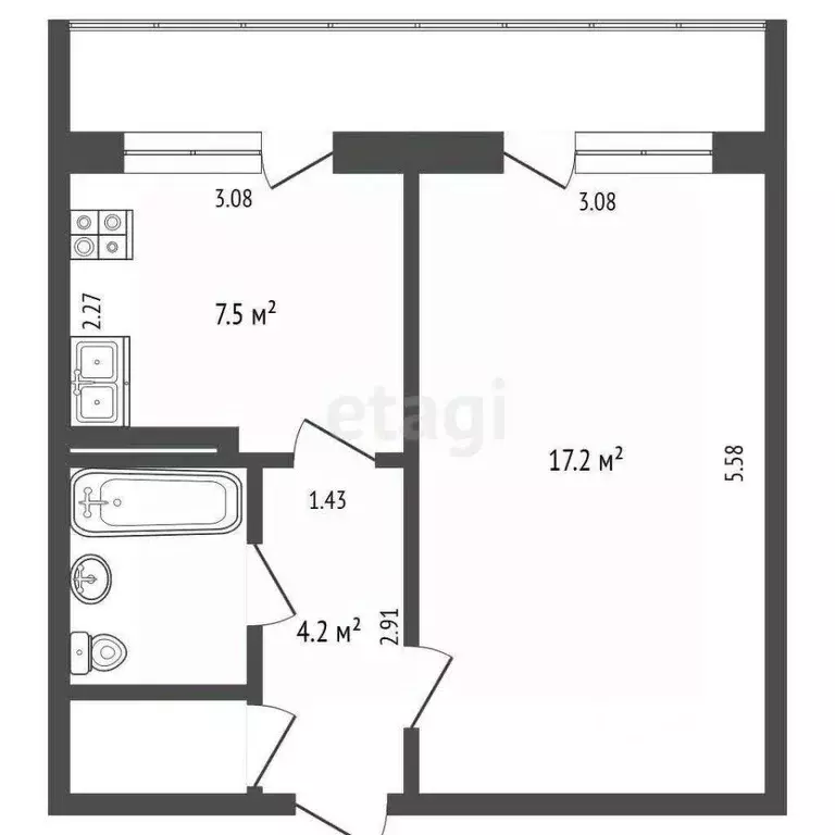 Квартира, 1 комната, 35.4 м - Фото 0