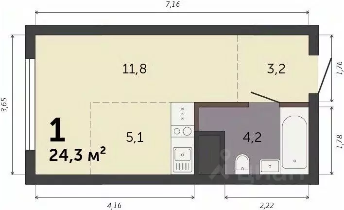 Студия Свердловская область, Екатеринбург Южный жилрайон,  (24.3 м) - Фото 1