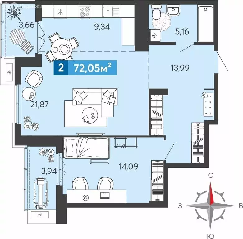 2-комнатная квартира: Засечное, Прибрежный бульвар, 5 (72.05 м) - Фото 0