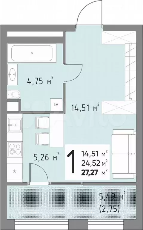 Квартира-студия, 27,3 м, 3/15 эт. - Фото 1
