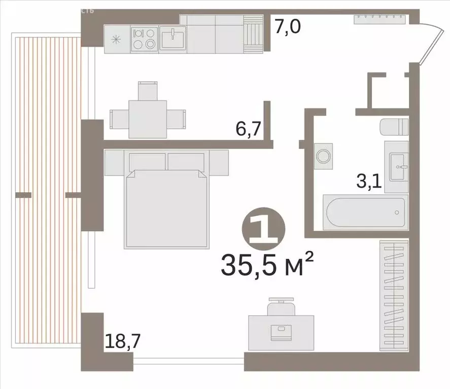 1-комнатная квартира: Тюмень, Почтовая улица, 28 (35.5 м) - Фото 2
