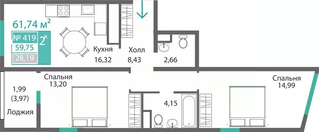 2-к кв. Крым, Симферополь Крымская роза мкр,  (61.74 м) - Фото 0