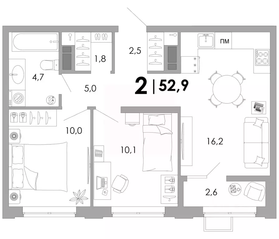 2-к кв. Владимирская область, Владимир Уно жилой комплекс (52.9 м) - Фото 1