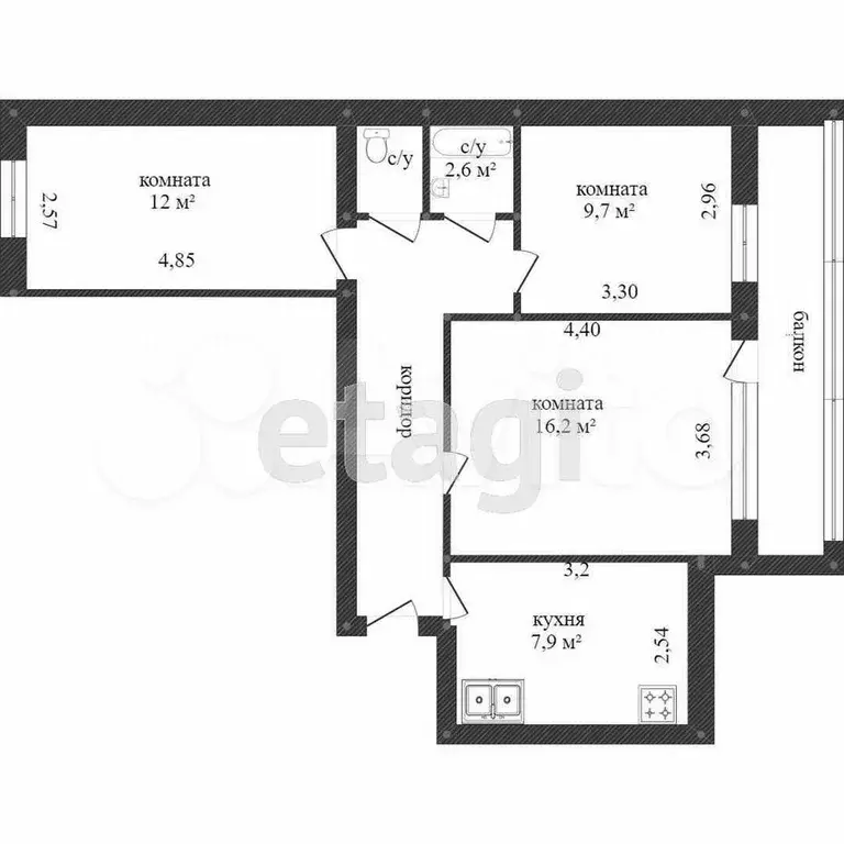 3-к. квартира, 60,6 м, 4/9 эт. - Фото 0