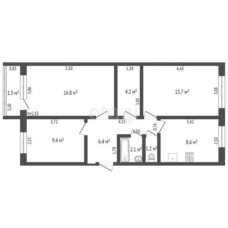 3-комнатная квартира: Брянск, Авиационный переулок, 3/3 (62.4 м) - Фото 1