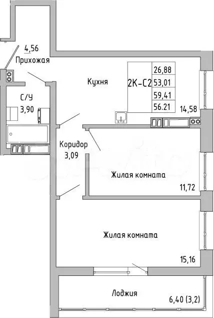 2-к. квартира, 56 м, 4/22 эт. - Фото 1