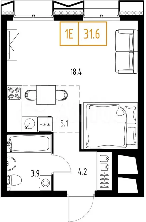 1-к. квартира, 31,6 м, 8/9 эт. - Фото 1