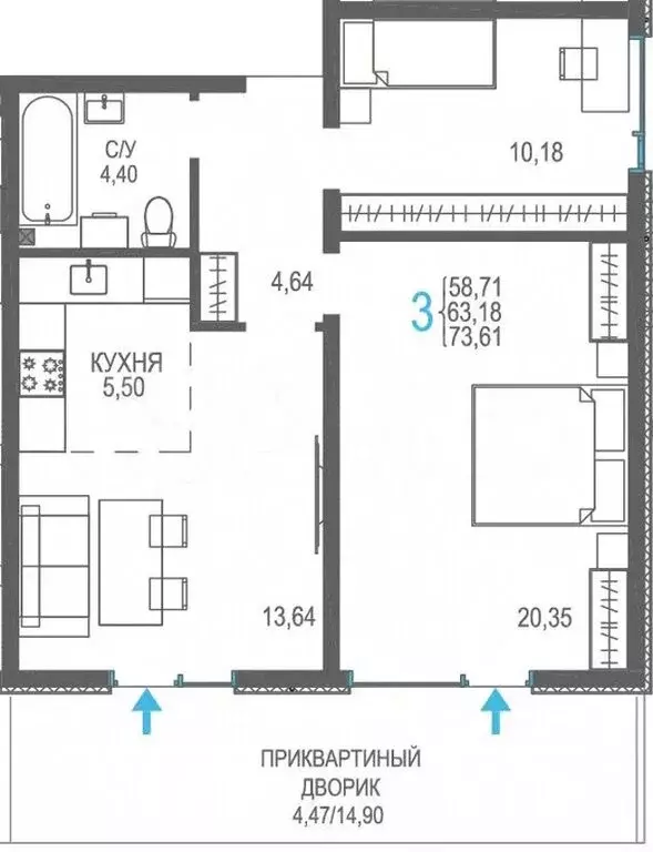 2-комнатная квартира: Прибрежное, Лазурная улица, 1 (63.16 м) - Фото 1