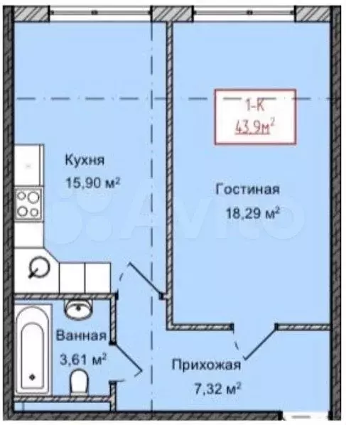1-к. квартира, 43,9 м, 7/13 эт. - Фото 1