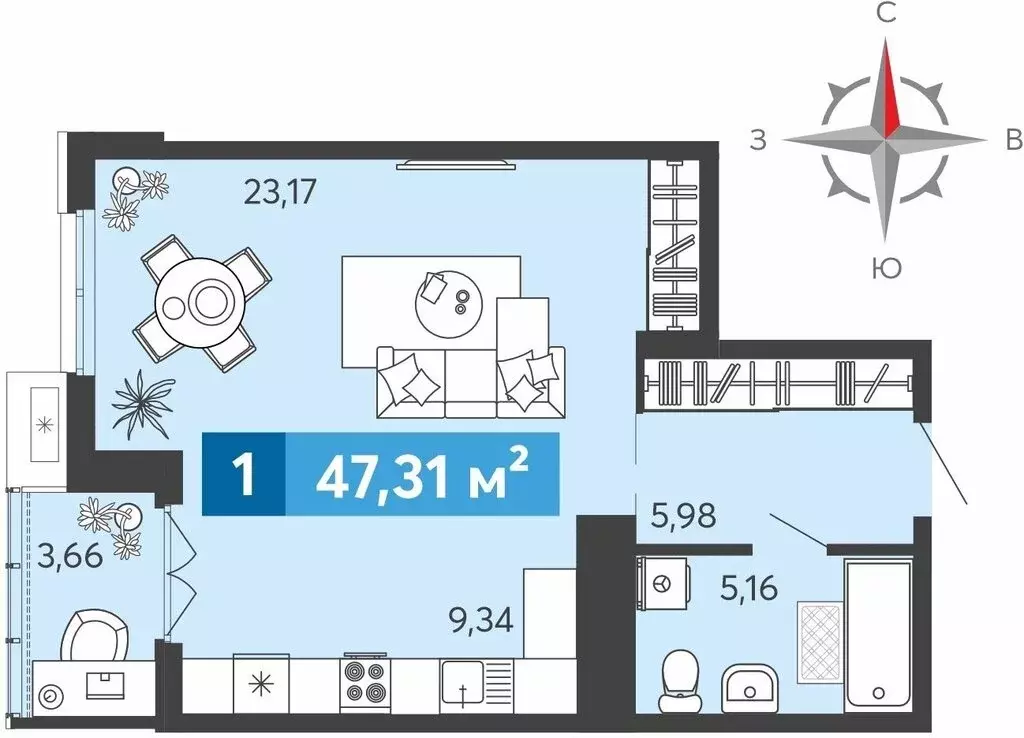 Квартира-студия: Засечное, Прибрежный бульвар, 5 (47.31 м) - Фото 1