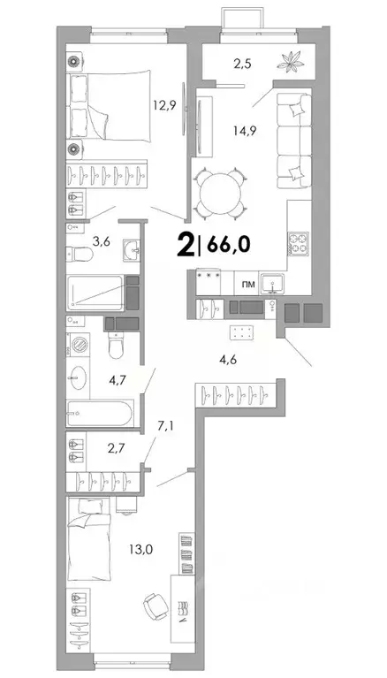 2-к кв. Владимирская область, Владимир Уно жилой комплекс (66.0 м) - Фото 1