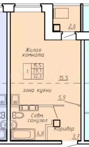 1-к. квартира, 32,3 м, 6/9 эт. - Фото 0