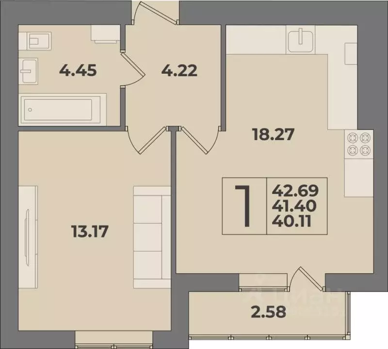 1-к кв. Калининградская область, Калининград Суздальская ул. (42.69 м) - Фото 1