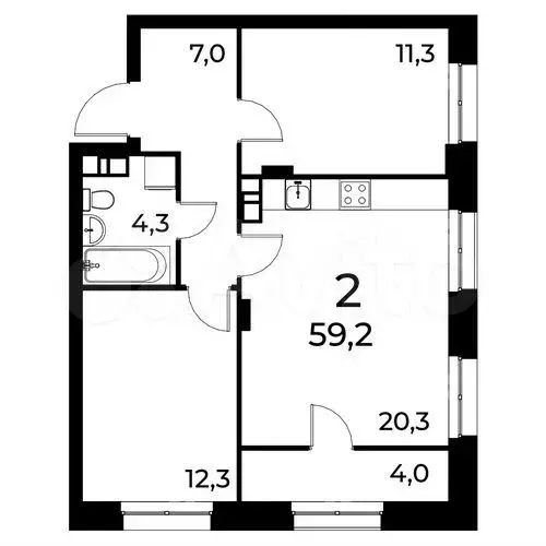 2-к. квартира, 59,2 м, 4/20 эт. - Фото 0