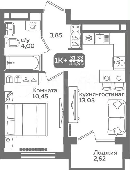 1-к. квартира, 31,3 м, 11/21 эт. - Фото 0