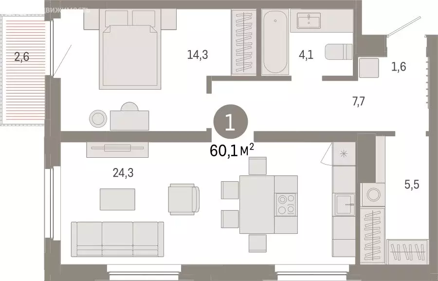 1-комнатная квартира: Тюмень, Мысовская улица, 26к2 (60.05 м) - Фото 1