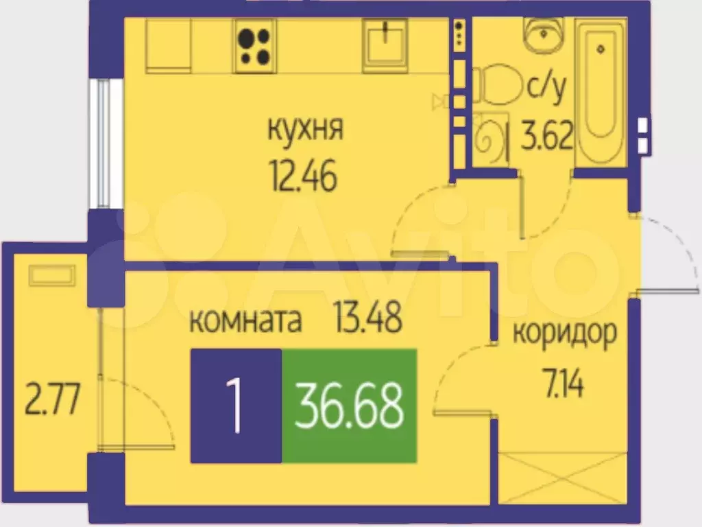 1-к. квартира, 36,7 м, 9/9 эт. - Фото 1