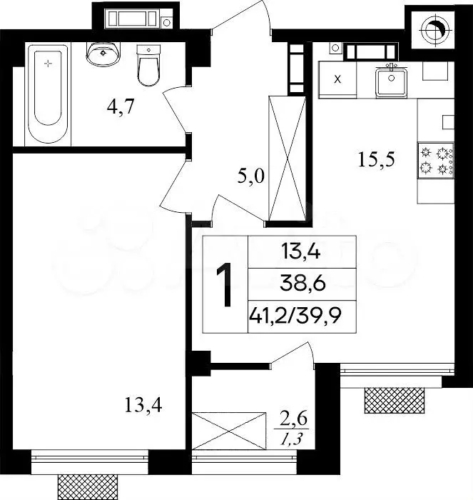 1-к. квартира, 41,2 м, 3/8 эт. - Фото 0