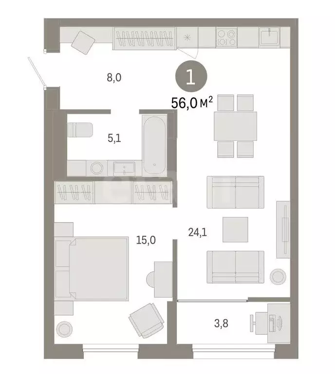 1-комнатная квартира: Тюмень, улица Республики, 205к1 (56 м) - Фото 1