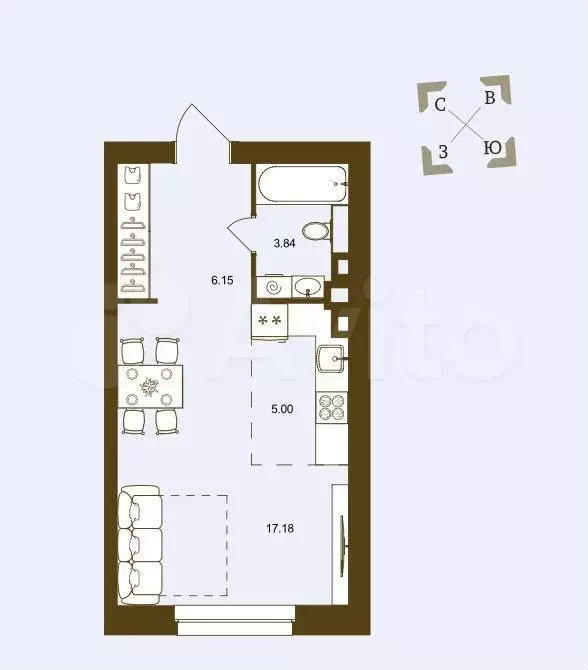 Квартира-студия, 32,2 м, 2/16 эт. - Фото 1