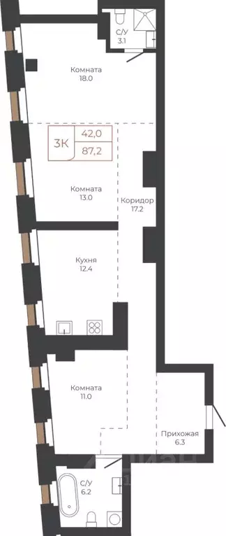 3-к кв. Алтайский край, Барнаул пл. Баварина, 8к1 (86.9 м) - Фото 1