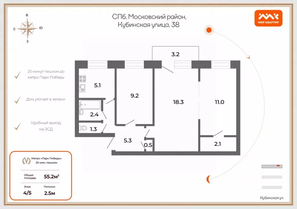 3-к кв. Санкт-Петербург Кубинская ул., 38 (55.2 м) - Фото 0