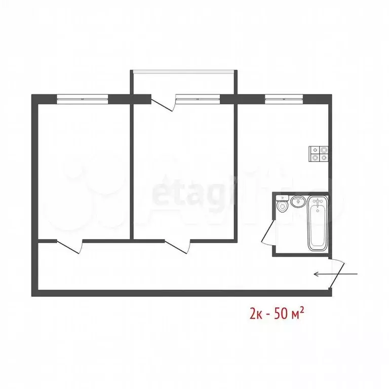 2-к. квартира, 50,5 м, 2/2 эт. - Фото 0