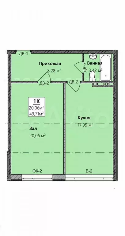 1-к. квартира, 49,7 м, 8/8 эт. - Фото 1