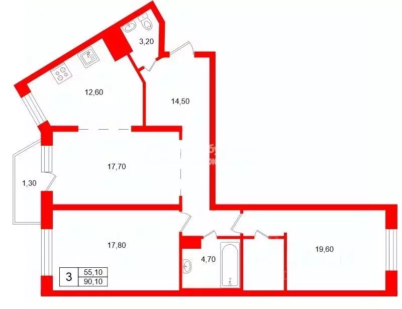 3-к кв. Санкт-Петербург Комендантский просп., 53к1 (90.1 м) - Фото 2