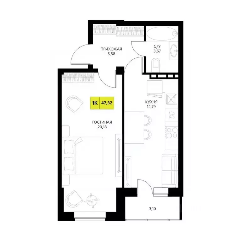 1-к кв. Дагестан, Дербент  (47.32 м) - Фото 1