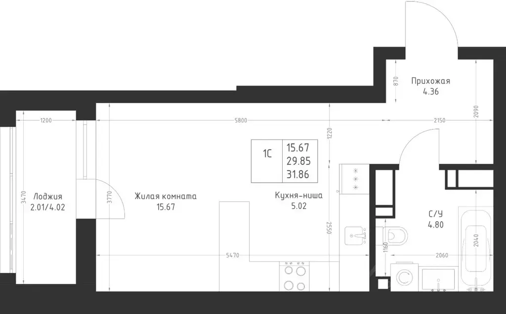 Студия Татарстан, Казань Седьмое Небо жилрайон,  (31.86 м) - Фото 2
