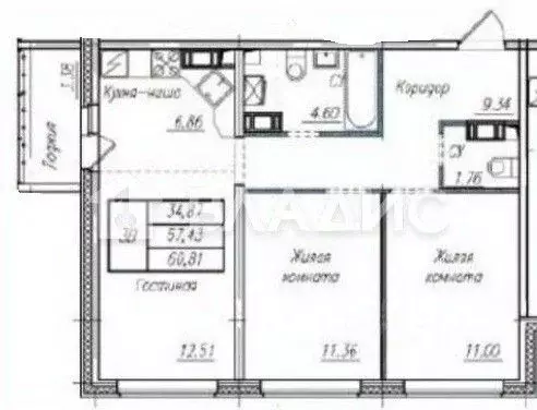 2-к кв. Пензенская область, Пенза ул. Баталина, 31 (60.81 м) - Фото 2
