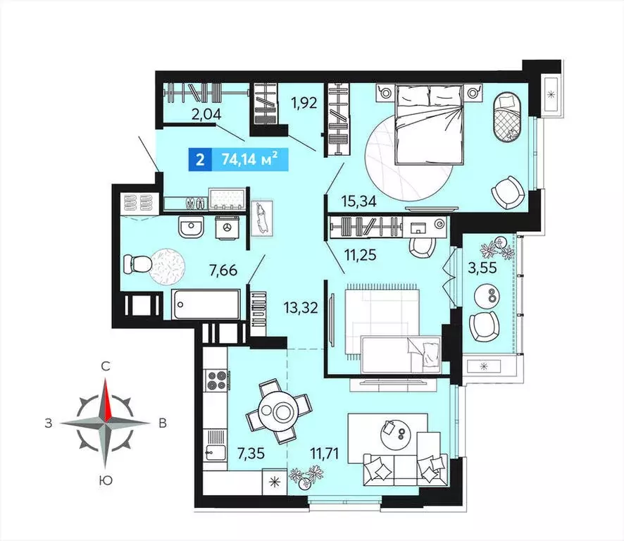2-комнатная квартира: Засечное, микрорайон Город Спутник (74.14 м) - Фото 1