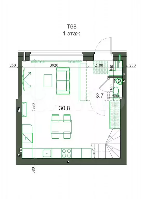 2-к. квартира, 68,1 м, 2/2 эт. - Фото 1