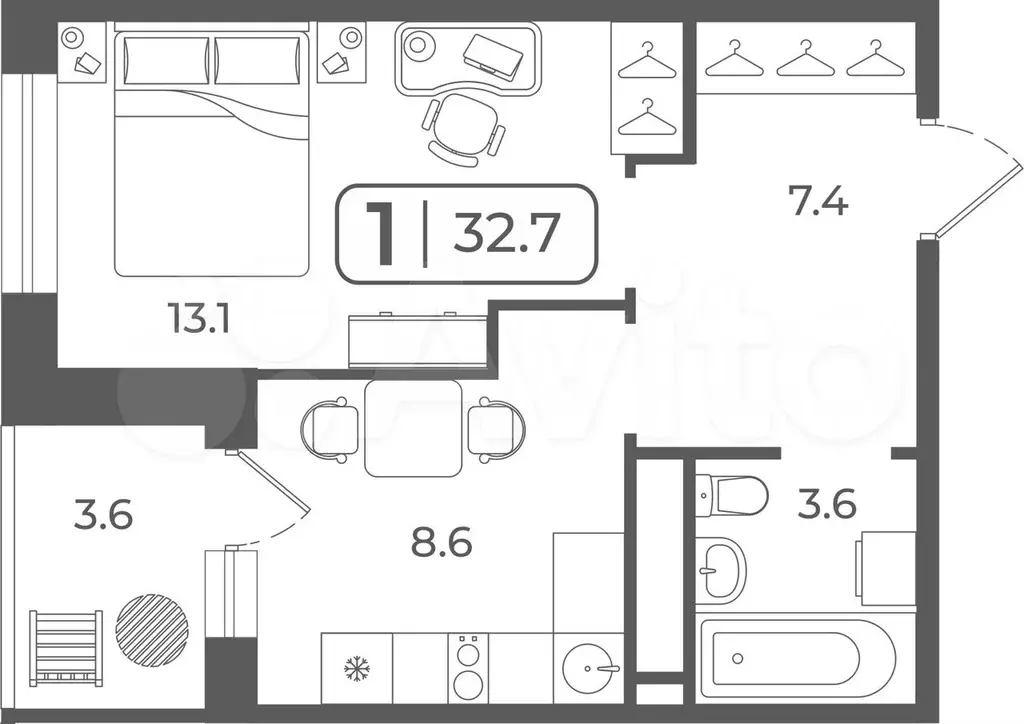 1-к. квартира, 32,8 м, 16/22 эт. - Фото 0